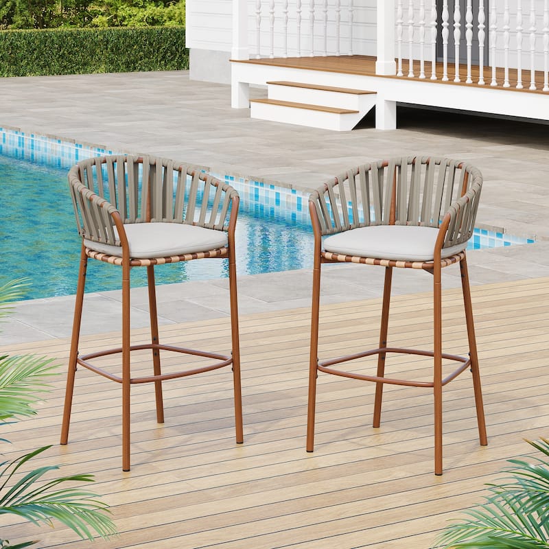 Outdoor Metal Rope Barstool with and Beige Cushion Set of 2 - Teak and Beige