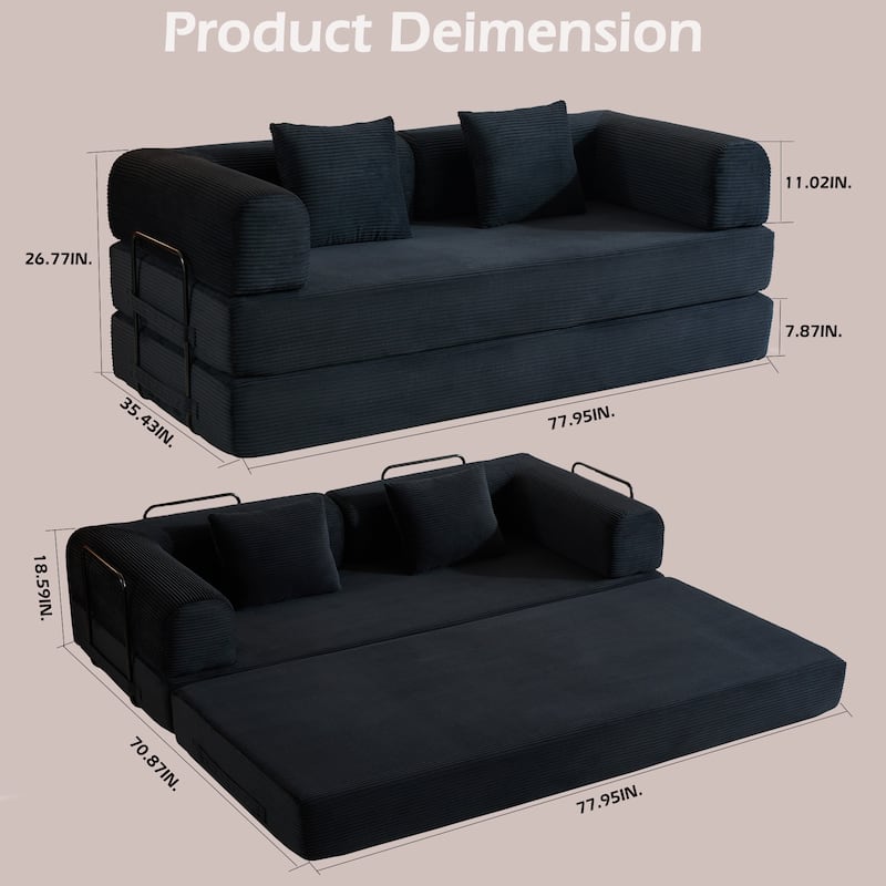 Convertible Sleeper Sofa Bed with Pillow, Corduroy Folding Mattress Couch with Fixed-Shape Frame, Floor Lounge Loveseat Sofa
