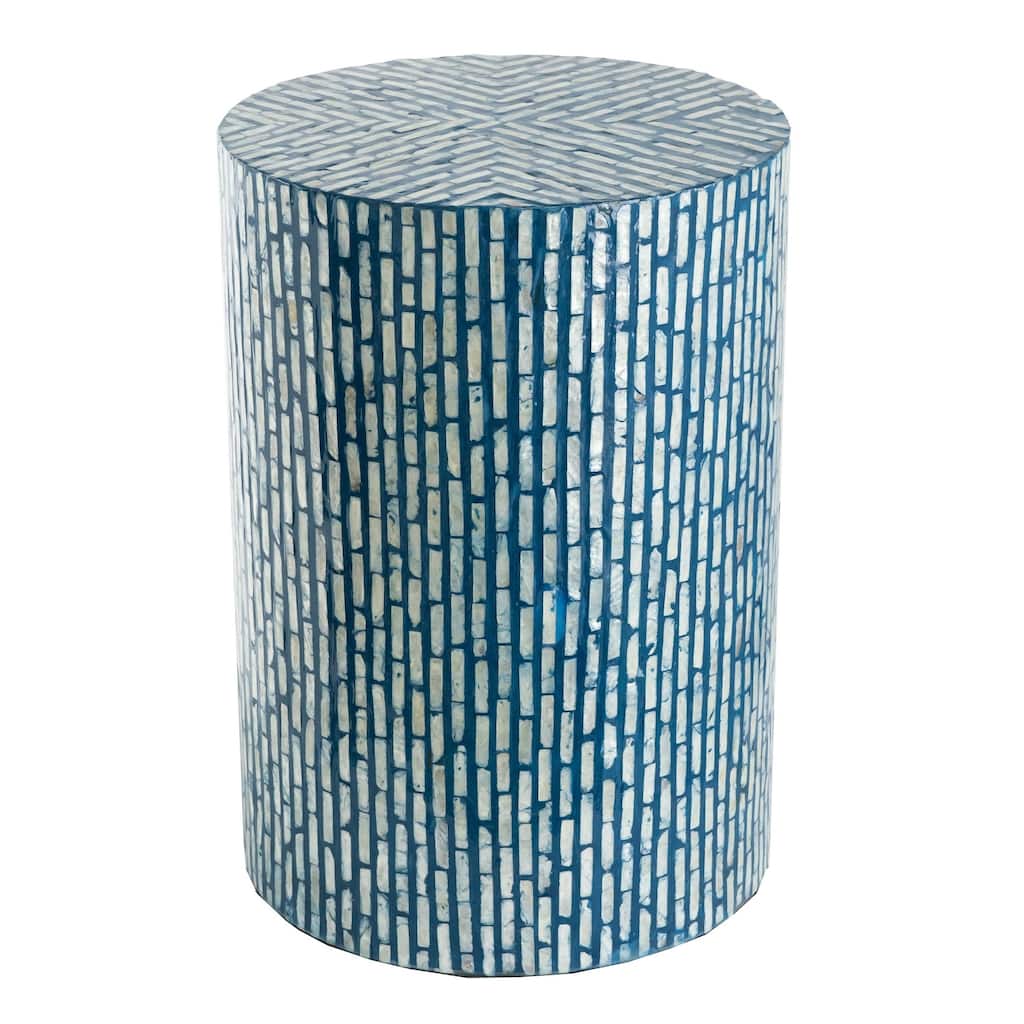 20 Inch Capiz Accent Stool Table, Cylindrical Linear Pattern, Blue, Black