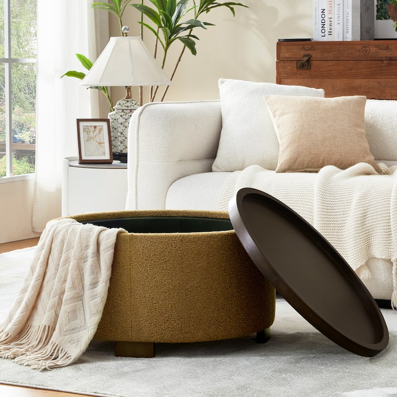 Huimo Modern round wooden tray Ottoman with Storage