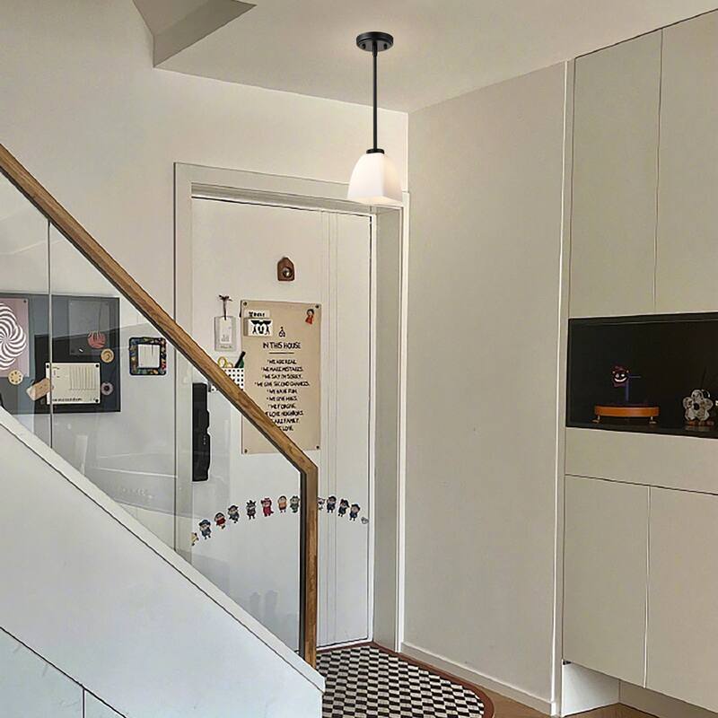 1-Light Matte Black Mini Pendant with Pyramid Shaped Etched White Glass Shade