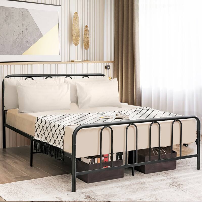 Gymax Stylish Full Size Metal Bed Frame Platform Bed Base w/ Headboard