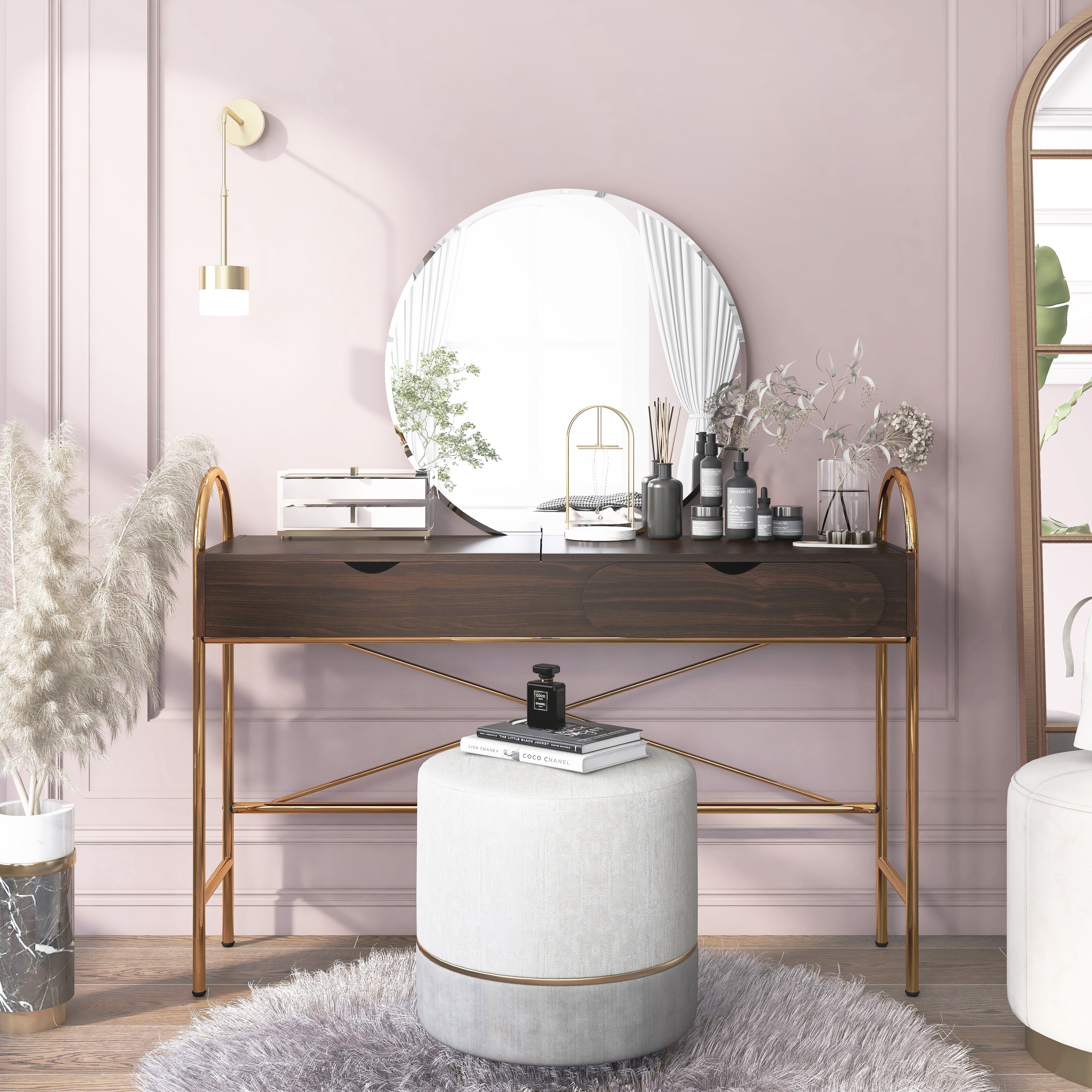 Melisse Glam Storage Vanity Table With Lift Top Mirror Dark Walnut Gold
