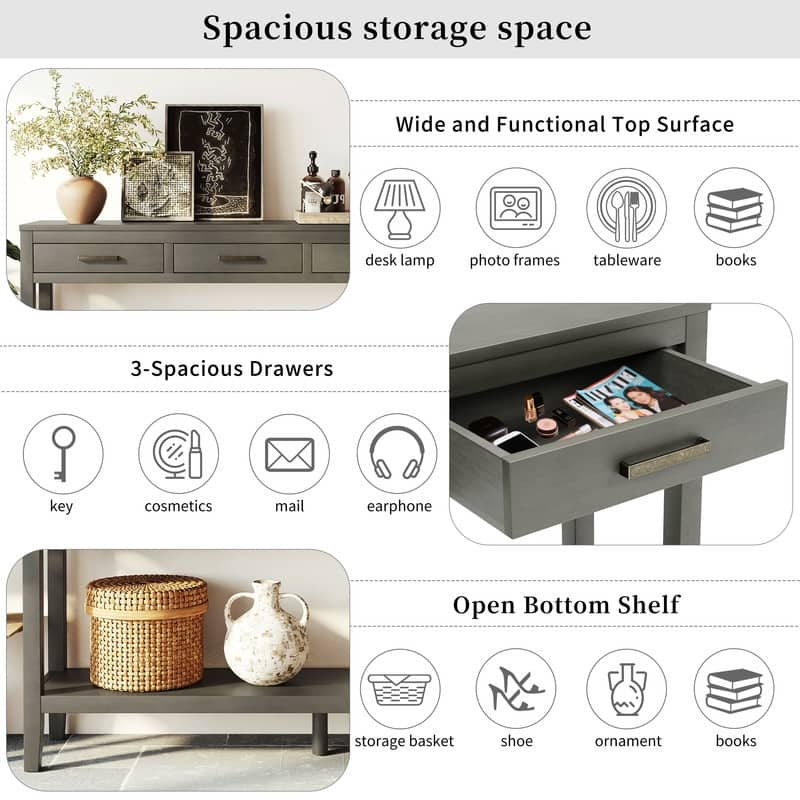 62.2" Modern Farmhouse Console Table with 3 Drawers & Open Shelf