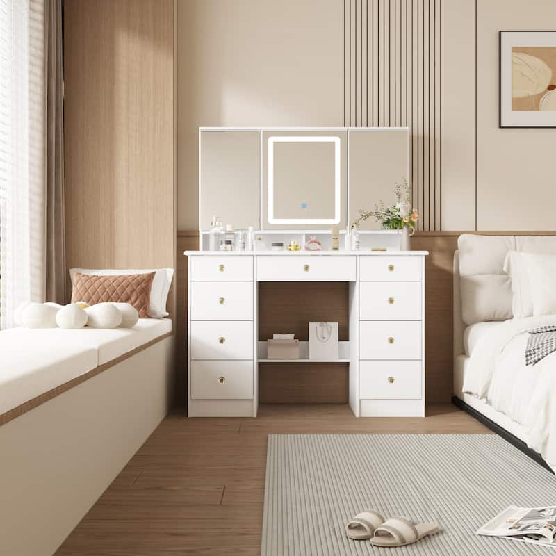 43" White Makeup Vanity Desk with LED Lighted Mirror, Tempered Glass Top, 9 Drawers Storage Dressing Table