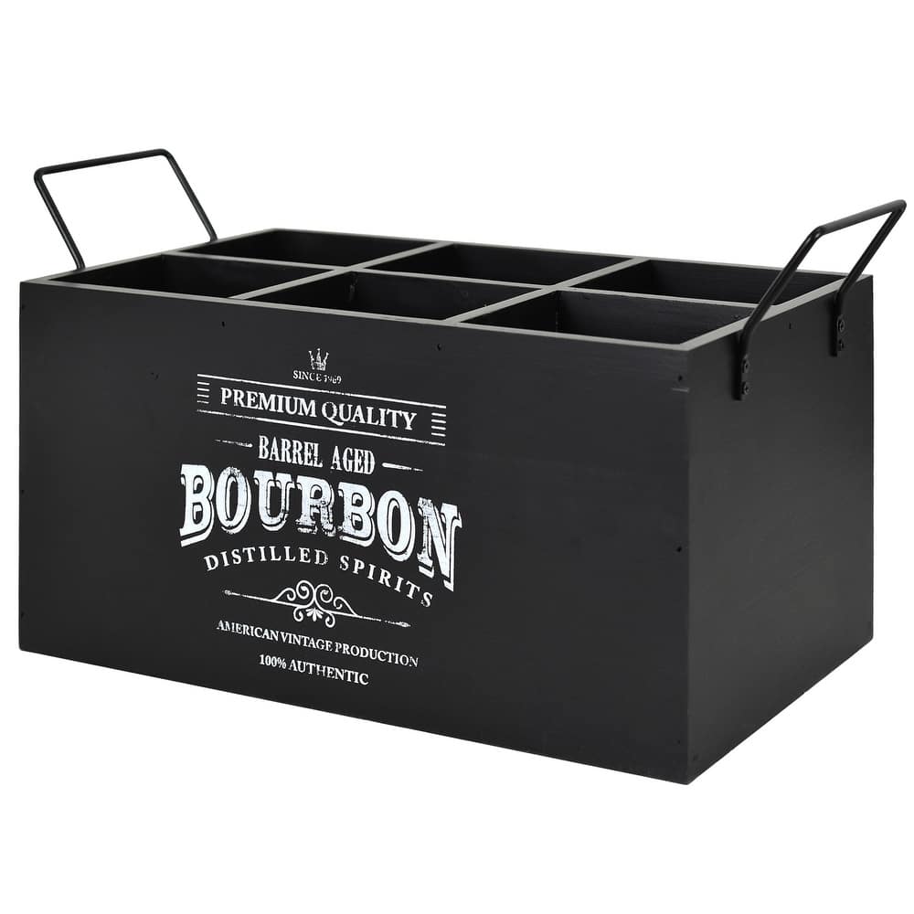 American Art Decor The Bourbon Bar Wood Crate Bottle Holder with Metal Handles - 7" H x 14" L x 8" D