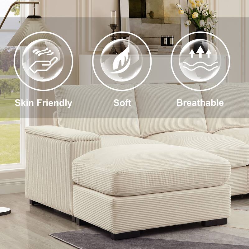U-Shaped Sectional Sofa with 2 Movable Ottomans, Comfy Corduroy Upholstered 4 Seater Sofa, Lounge Sofa with Storage Armrests