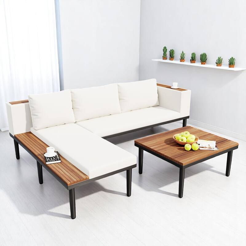 3-Piece Outdoor Sofa Set with Acacia Wood Frame, Side Table & Coffee Table, Weather-Resistant Cushions, Patio Conversation Set - White