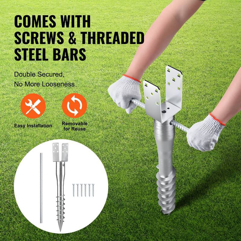 No Dig Ground Anchor, 3.94 x 2.76 x 27.56 in DIY Screw in Post Stake, Includes 6 Lag Bolts & a Rebar, U-Shape Steel Post Holder
