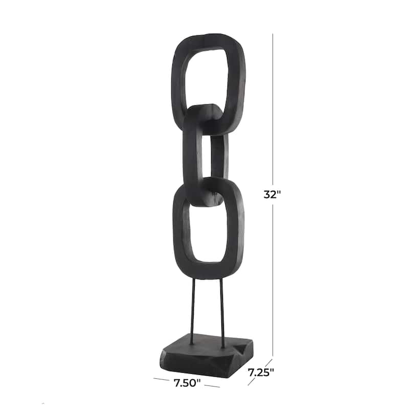 Black Teak Wood Tall 3 Link Chain Decorative Sculpture with Stand