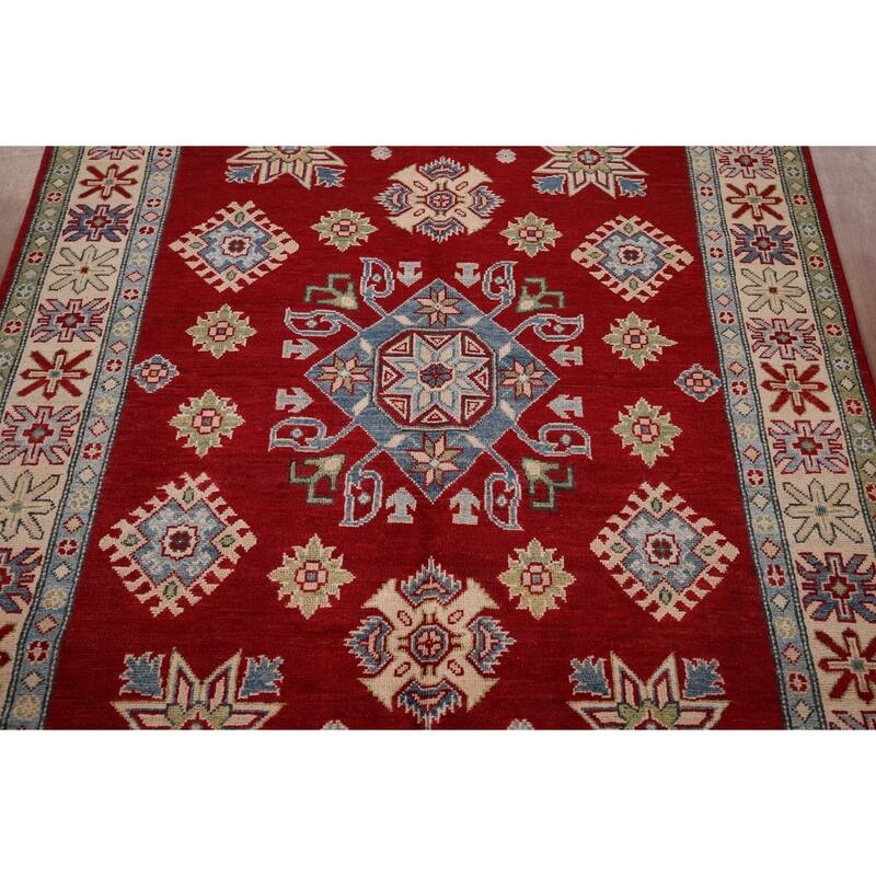 Red Geometric Kazak Rug Hand-Knotted Traditional Wool Carpet - 5'0" x 7'0"