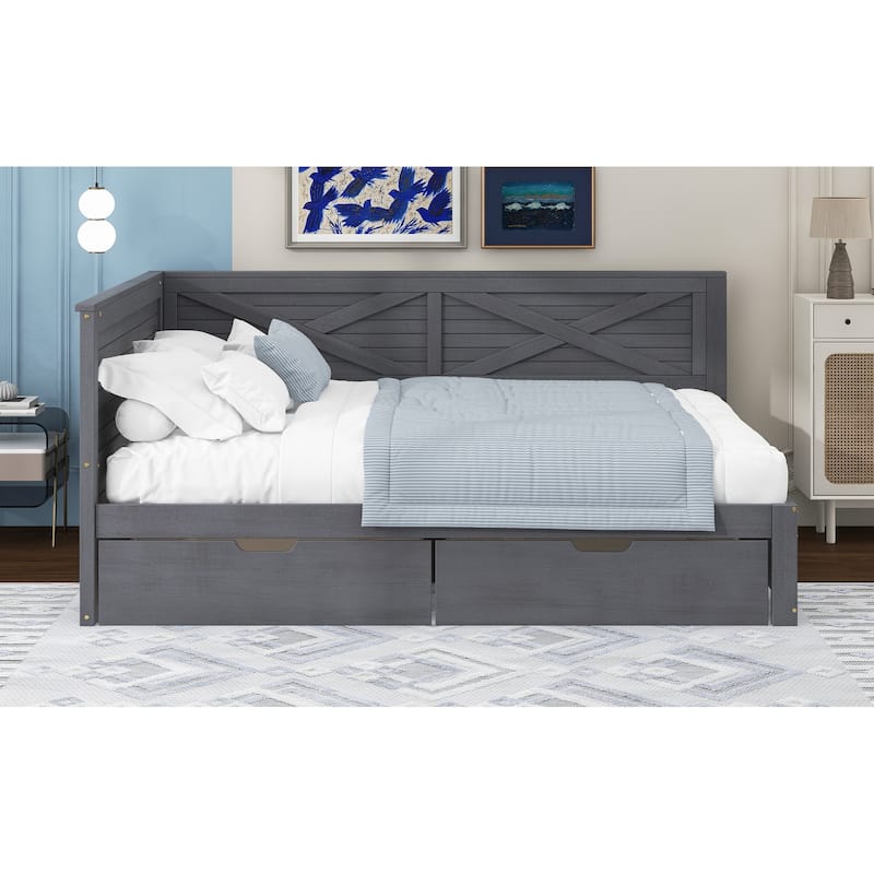 Grey Twin Size Wood Daybed with Two Drawers and Rustic Guardrail for Bedroom