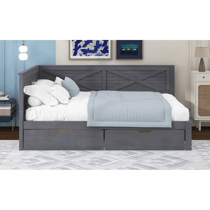 Grey Twin Size Wood Daybed with Two Drawers and Rustic Guardrail