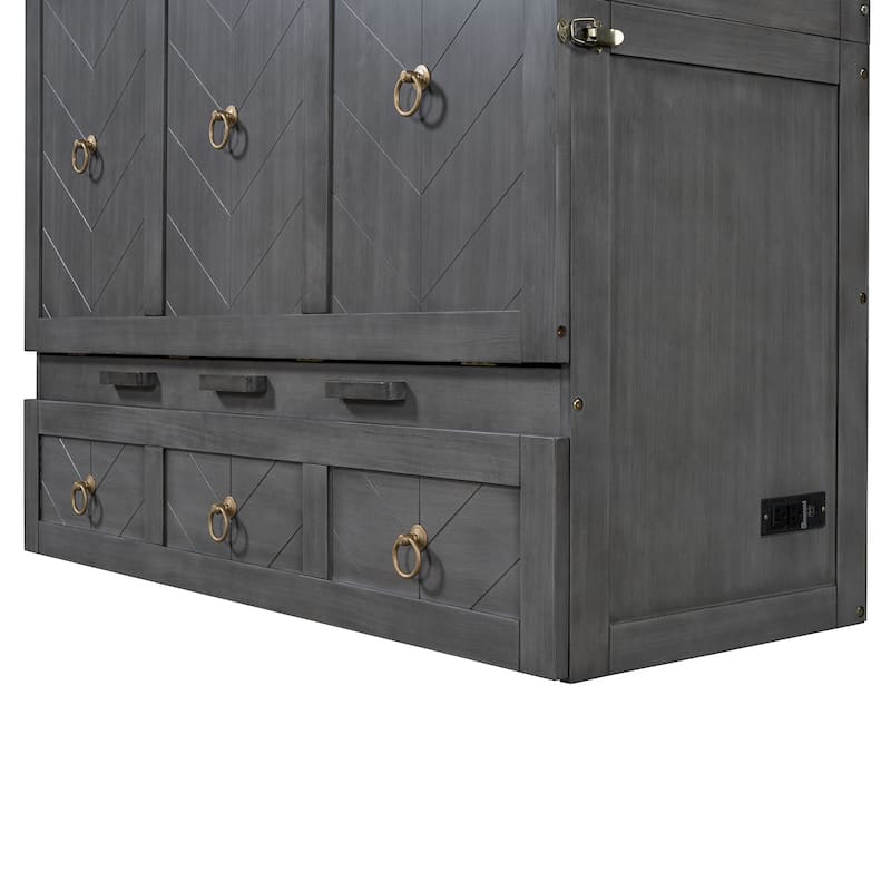 Full/Queen Murphy Bed with Built-in Power/USB Module, Wooden Foldable Wall Bed w/Large Storage Drawer for Home Office Guest Room