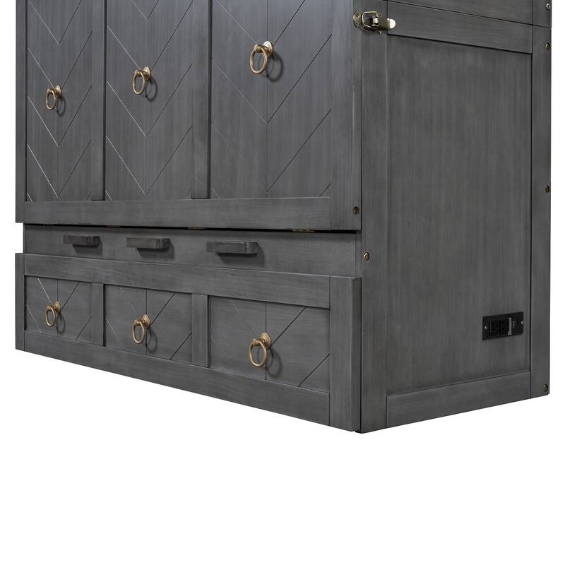 Space-Saving Full/Queen Murphy Bed with USB Charging Port, Storage Drawer, and Pine Wood Frame