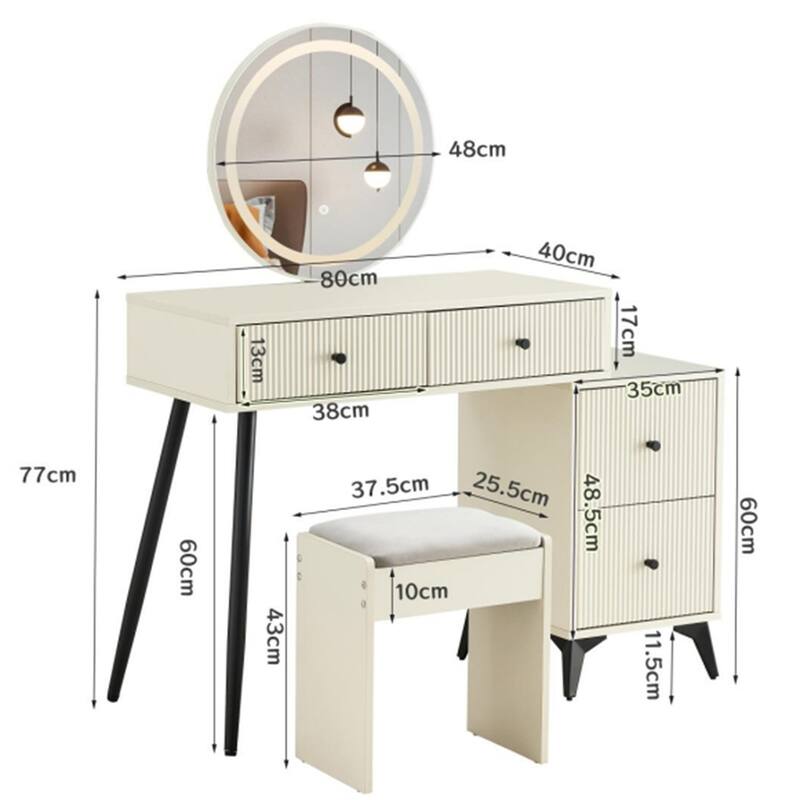 Fluted Makeup Vanity Desk with Round LED Mirror,4 Drawers - Milk White