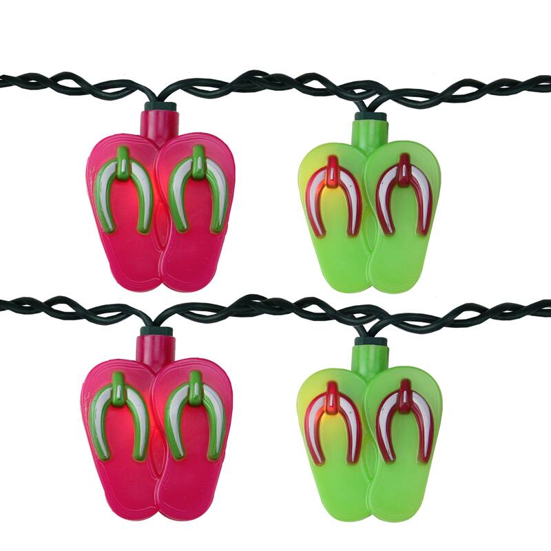 10 Pink Green Beach Party Sandal Patio Lights 6.5 ft Green Wire