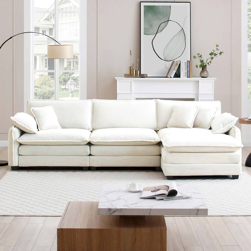 150.38" Modern L-Shaped Modular Sectional Sofa for Living Room, Corduroy Oversized 3-Seater Couch with Movable Ottoman