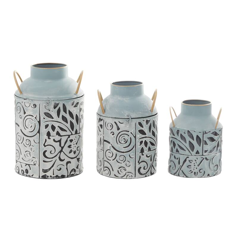 Metal Floral Embossed Vase with Gold Handles - Set of 3 Blue - Roche River Decor - 7"W x 6"L x 8"H