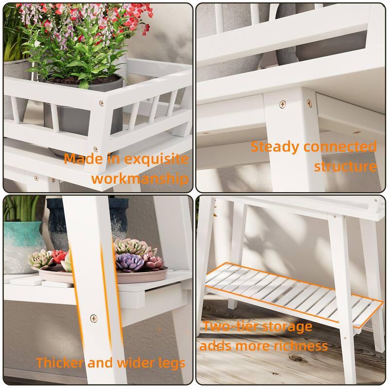 Wooden Rectangular Raised Garden Plant Stand White Modern 2 Tier - 29x10x27 inch