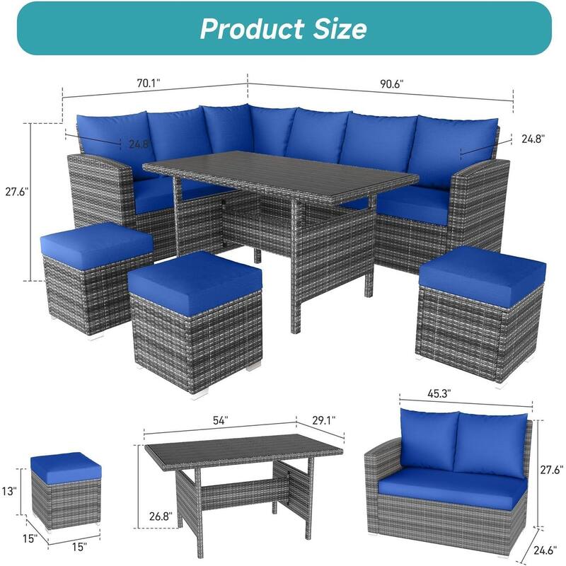 7 Piece Outdoor Sectional Sofa with Dining Table, All-Weather Wicker Patio Conversation Set
