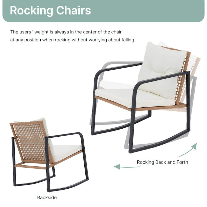 Patio 3-Piece Steel Frame Wicker Rocking Chair Outdoor Bistro Set with White Cushion & Coffee Table for Porch, Balcony