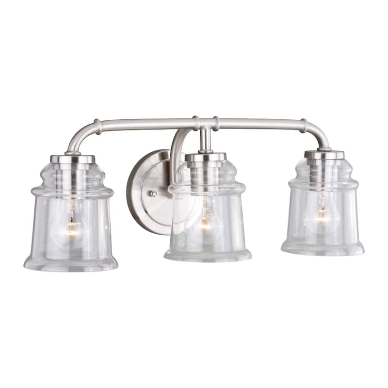 Toledo 3 Light Satin Nickel Industrial Jar Bathroom Vanity Fixture - 22-in W x 8.25-in H x 8-in D
