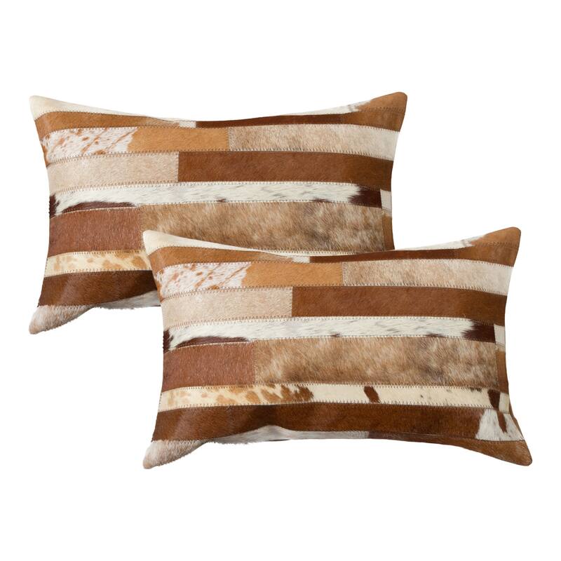 Set of Two 12" X 20" Brown and White Patchwork Cowhide Lumbar Throw Pillows