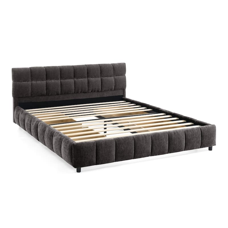 Queen Size Upholstered Bed with Storage Drawers, Soft Chenille Fabric Frame, Modern Platform Bed with Headboard