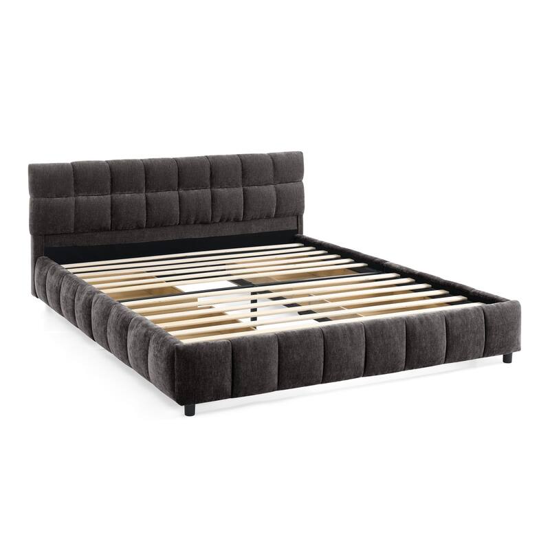 Roomfitters Queen Upholstered Chenille Platform Bed with Headboard and Hidden Storage Drawer, Solid Frame