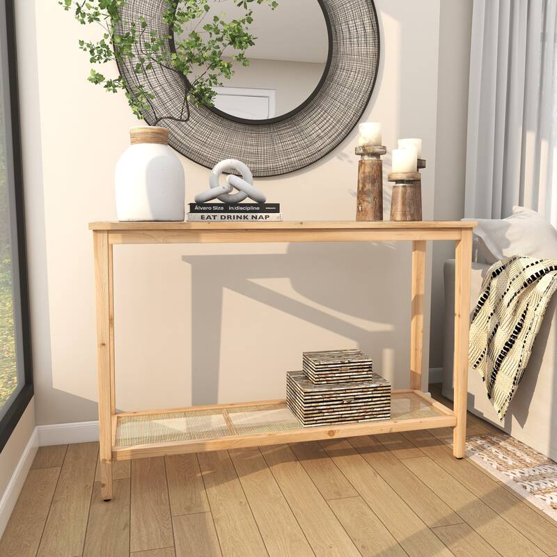 Brown Wood Slim Natural 1 Shelf Console Table with Glass Top and Rattan Shelf