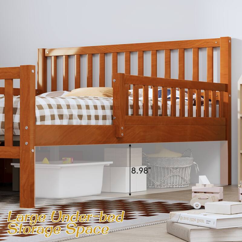 Wood Twin/Full Size Wood Platform Bed with Guardrails on Both Sides and Two Storage Drawers