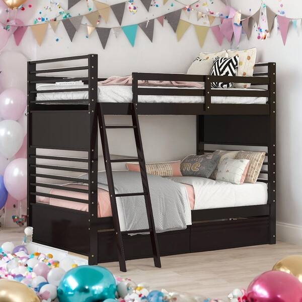 slide 2 of 20, Modren Twin over Twin Wood Bunk Bed With Two Drawers and Solid Wood For Bedroom Espresso