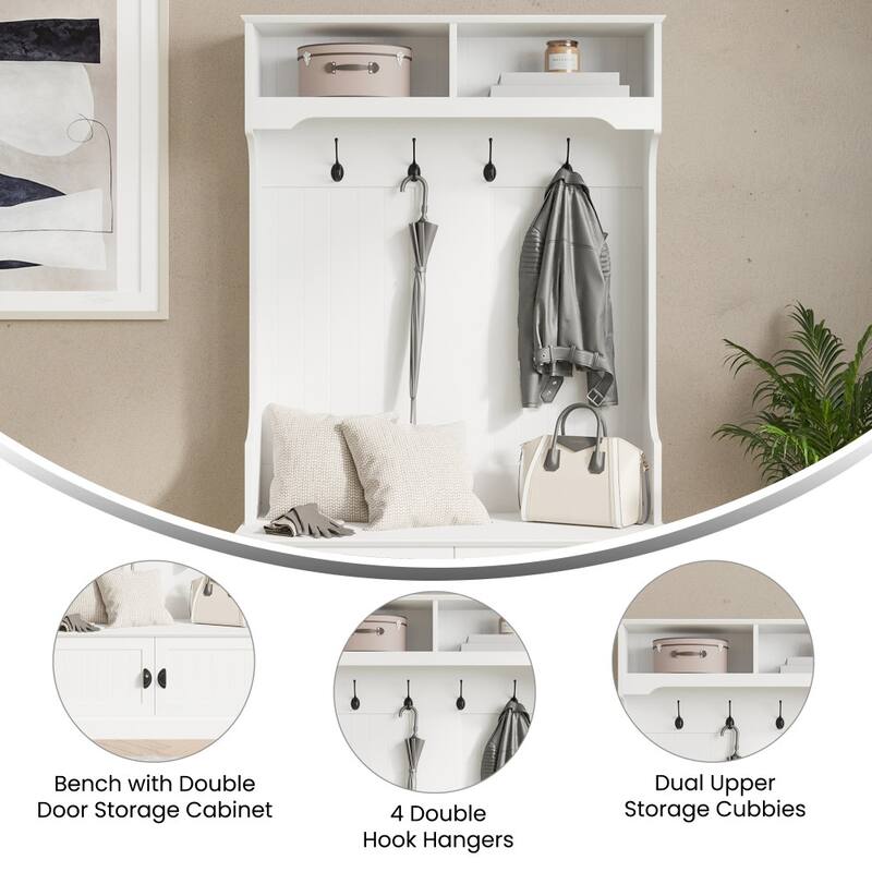 Hall Tree with Storage Bench, Upper Cubbies and 4 Double Coat Hooks - 18.5"D x 39.25"W x 65"H