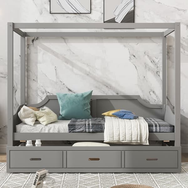 slide 2 of 17, Twin Size Wooden Canopy Bed Daybed with 3 in 1 Storage Drawers and Headboard, Wood Frame Guardrail Bed