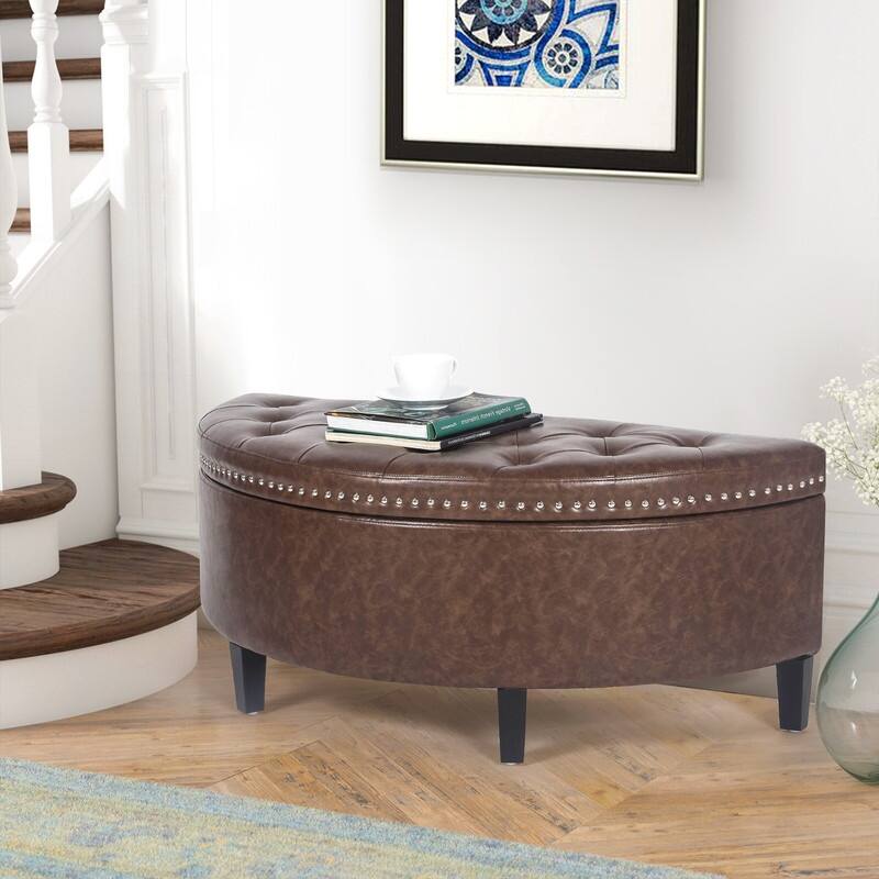 Adeco Half Moon Tufted Storage Ottoman Bench