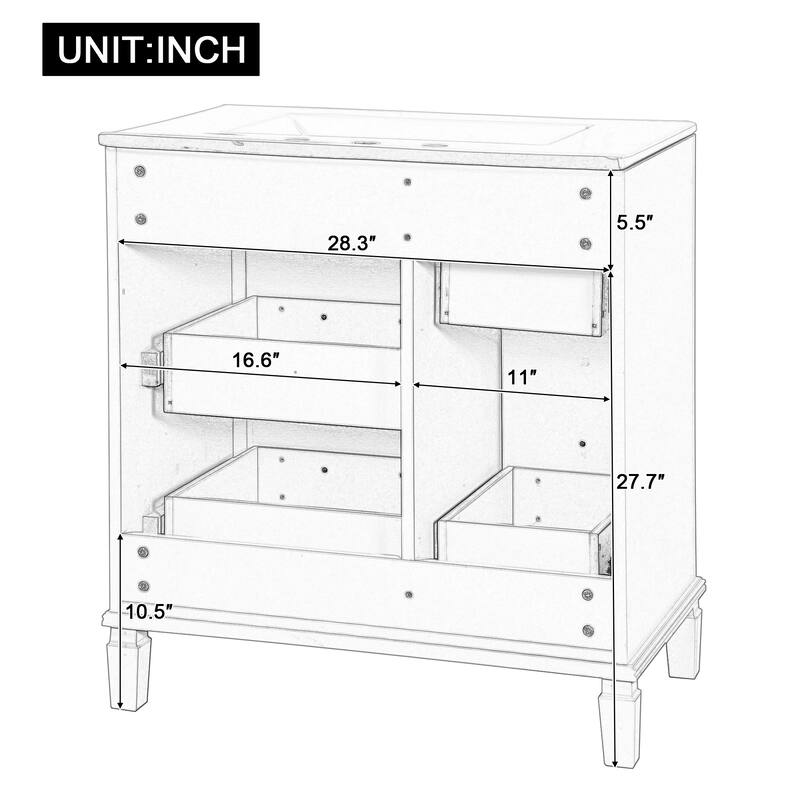 30" Bathroom Vanity with Ceramic Sink, Flip-Out Drawer, Soft Close Doors & Drawers Cabinet with Solid Wood Legs