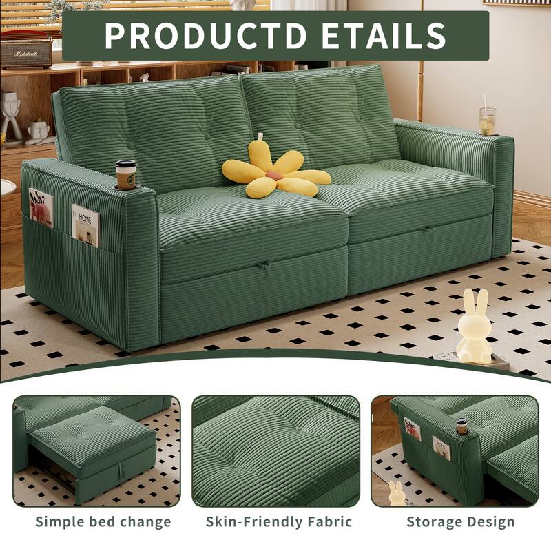 Multi-Functional Corduroy Loveseat Couch Convertible Sleeper Sofa Bed with Cup Holders and Side Pockets for Sitting, Sleeping