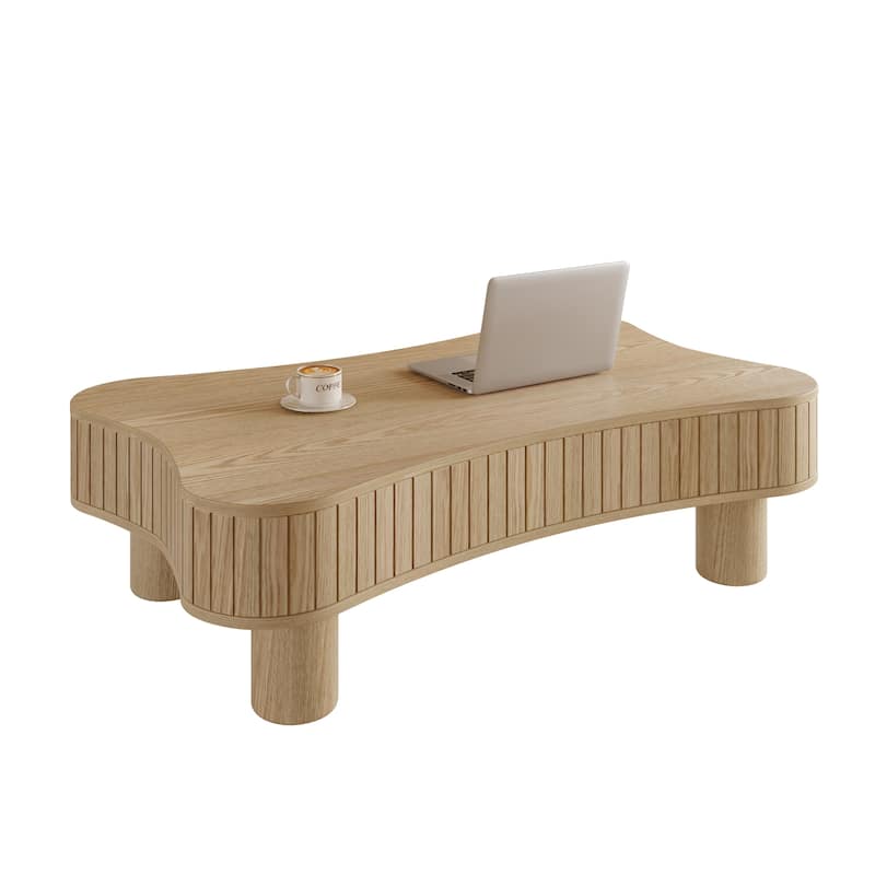 Lift Top Coffee Table for Living Room 42" Fluted Panel Hidden Storage, Silent Hydraulic Lift, Curved Safety Corners,Natural Wood