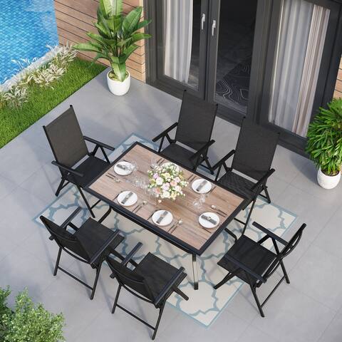 MFSTUDIO 7 Pieces Dining Set, 6 x Reclining Folding Sling Dining Chairs and 1 x Table with an Umbrella Hole