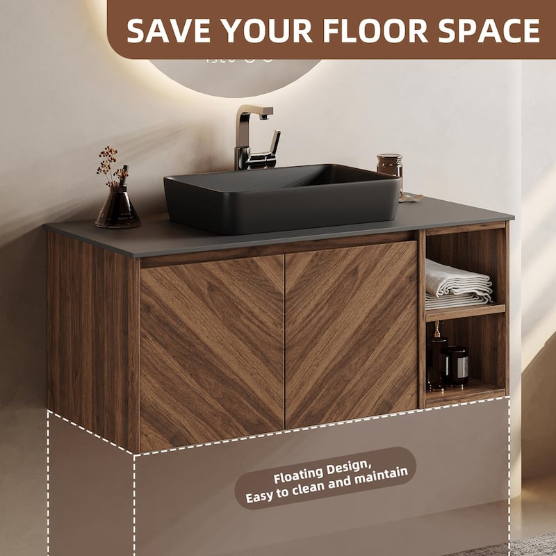 35.83'' Single Bathroom Vanity with Stone Top, Brown Wood, Black Vessel, Floading Vanities