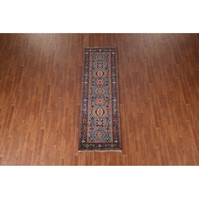 Blue Geometric Khotan Oriental Runner Rug Handmade Wool Carpet - 2'7"x 8'1"