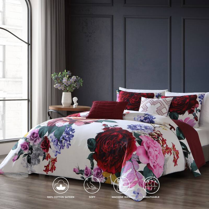 Bebejan Magenta Floral 100% Cotton 5 Piece Reversible Comforter Set