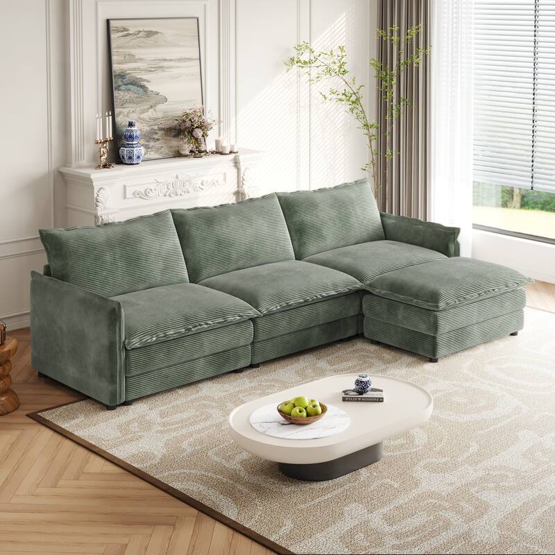 Living Room Cloud Sofa with Ottoman Chaise, 3-seater Upholstered Sectional Couch Corduroy Daybed Deep-seat Recliner Sofas