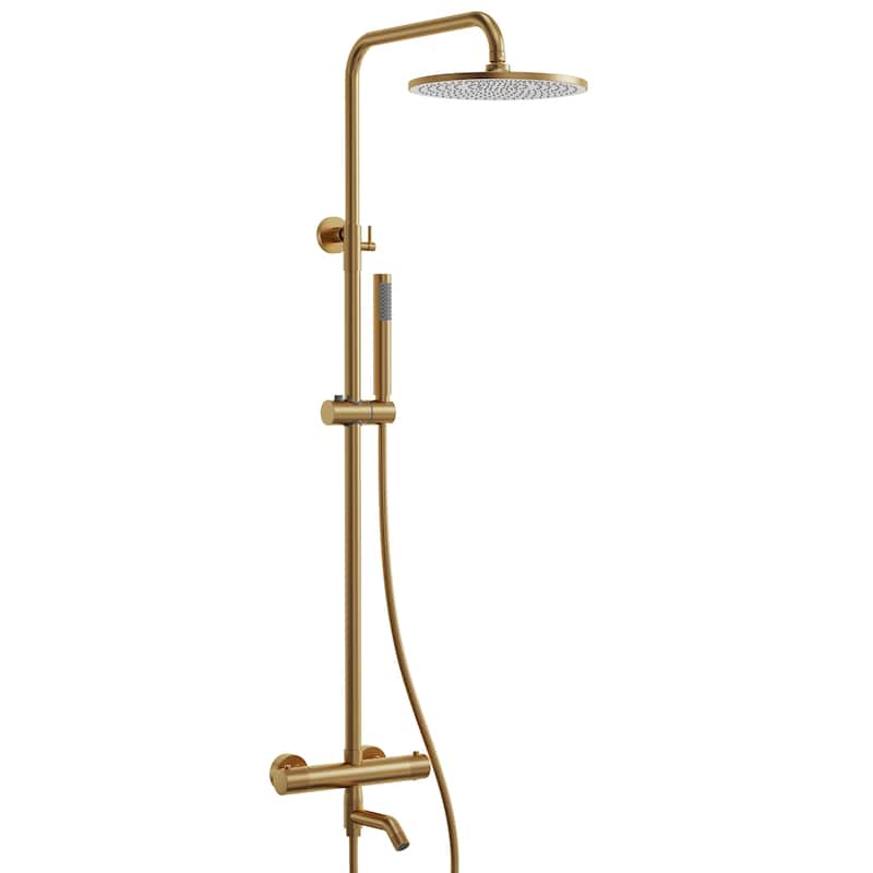 Height Adjustable Thermostatic Shower System with Tub Spout, 10" Rain Shower Head, Hand Shower, Brass Valve