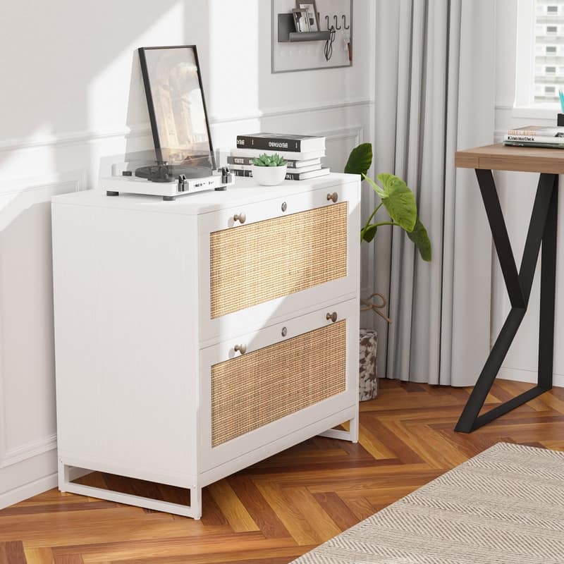File Cabinet Lateral 2-Drawer Wood Rattan with Lock for Home Office
