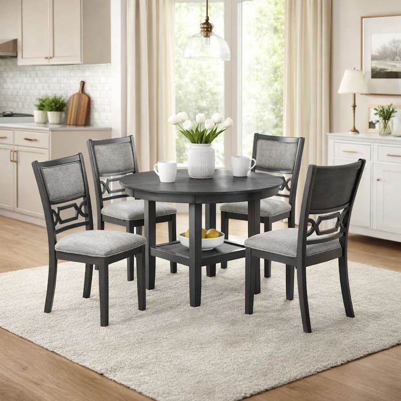 Sienna 5pc Dining Table and 4 Chair Set, Cut-Out Backrest, Gray Wood