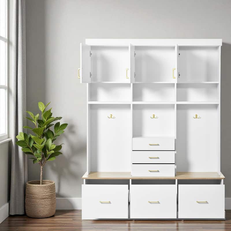75" Entryway Hall Tree with Bench, Coat Rack, 6 Drawers, 3 Cabinets and Top Shelves, 5-in-1 Storage Organizer for Hallway