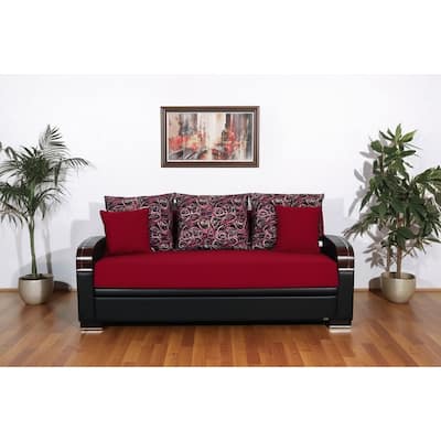 HomeRoots 87" Red Polyester Convertible Futon Sleeper Sofa And Toss Pillows With Storage