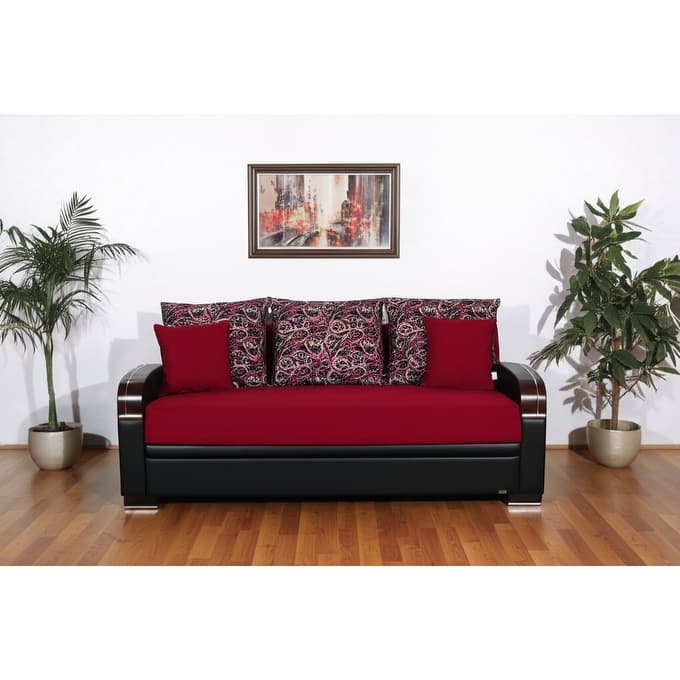 HomeRoots 87" Red Polyester Convertible Futon Sleeper Sofa And Toss Pillows With Storage